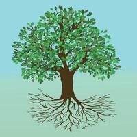 An oak tree of life with a full empty crown and roots. The background is an icy blue and green gradient vector