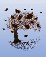 A tree of life, also called yggdrasil, with vanessa atalanta butterflies in the crown. The roots of the tree are visible vector