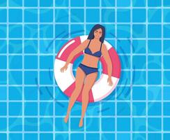Happy woman in swimsuit floating on rubber ring in swimming pool. Swimming pool bottom caustics ripple and flow with waves. Sun light reflection in water, top view swimming pool. illustration. vector
