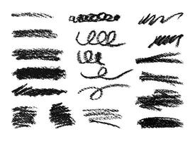 Doodle Charcoal in grunge style on white background. Hand drawn textured strokes with black pencil of different sizes. Stripes, dashes, arcs with dark marker. illustration for banner, poster. vector