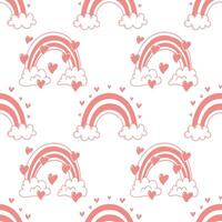 Seamless pattern with pink rainbows with clouds and hearts. Cute pastel background, hand-drawn illustration. vector