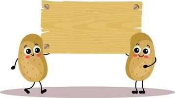 Two funny potatoes holding a empty wooden signboard vector