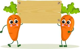 Two funny carrots holding a empty wooden signboard vector