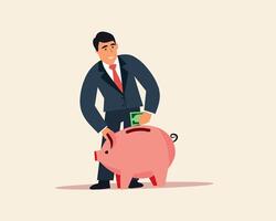 Illustration of a businessman standing and inserting money into a pink piggy bank, representing savings, wealth management, and business finance concepts vector
