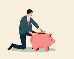 Illustration of a businessman kneeling while inserting a coin into a pink piggy bank, symbolizing savings, financial planning, and investment concepts vector