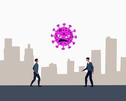 Illustration of two people walking in a city with a giant angry pink virus floating above, symbolizing a health threat or pandemic danger. Ideal for awareness concepts vector