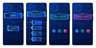 Mobile quiz app. Trivia phone interface questionnaire game template, quizzing modern UI design with question and answer choice screen. guess game vector