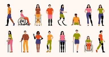 Diverse group of people with disabilities. Showing men and women in wheelchairs, prosthetics and crutches. Adaptive support. Equality and empowerment. Flat illustration vector