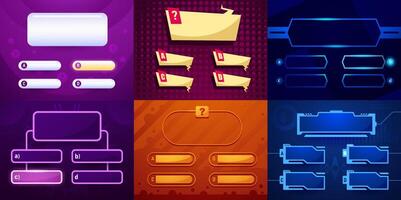 Trivia game template. Quiz interface layout for web and mobile app with quizzes question and answer screen, quizzes multiple choice layout score page. quizzical mockup vector