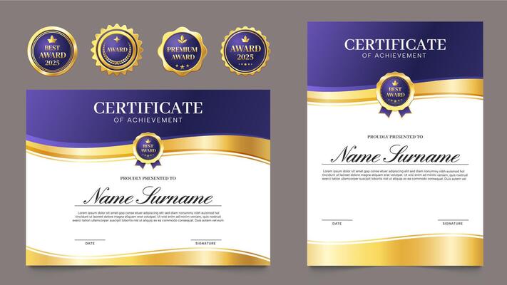Diploma with badge template. Certificate of achievement with golden seal and stamp, award document with luxury border and quality design. set