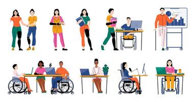 People with disabilities studying, working in offices and collaborating. Using tools like wheelchairs, prosthetics and laptops in educational and professional settings. Cartoon illustration vector