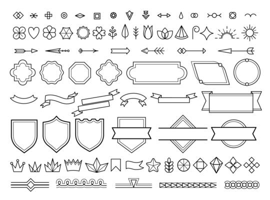 Vintage emblem decorative lines. Retro badge frames with ribbon and arrows, classic simple geometric borders for logo design. isolated set