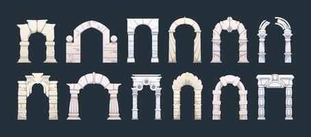 Roman arch. Antique pillar and stone gate architecture elements with columns, classic marble stone archway pillars and arches, renaissance building decor. isolated set vector