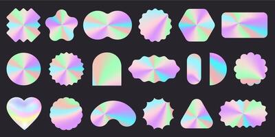 Hologram stickers. Realistic silver badge iridescent foil holographic mockups different shapes, rainbow chrome hologram label for product packaging design. set vector