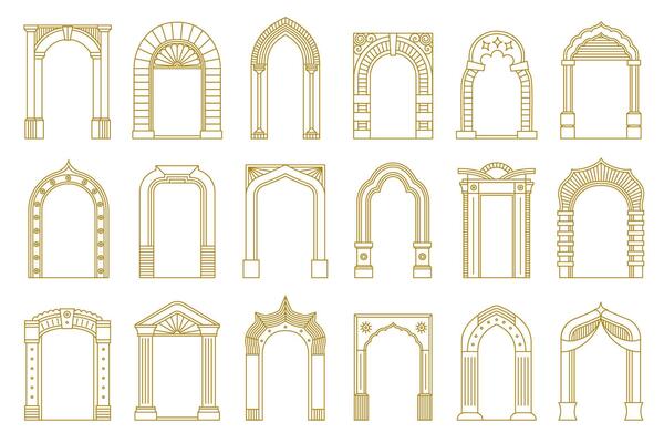 Line arch door frames. Minimalist ornate geometric doorway border frames, simple ornamental arched entrance decorative doors. arch collection