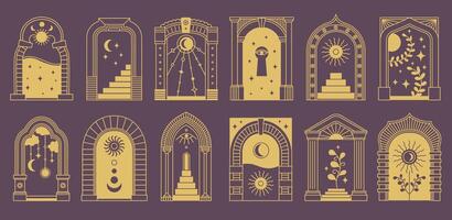 Boho arch frame. Door frame abstract ornate art deco geometric archway, vintage minimal bohemian arched linear design, trendy door way architecture frames. collection vector