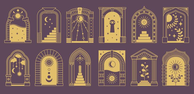 Boho arch frame. Door frame abstract ornate art deco geometric archway, vintage minimal bohemian arched linear design, trendy door way architecture frames. collection