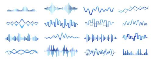 Audio podcast sound wave. Music song waveform, radio broadcast voice track, equalizer curve pulse, sound vibration amplitude level. isolated set vector