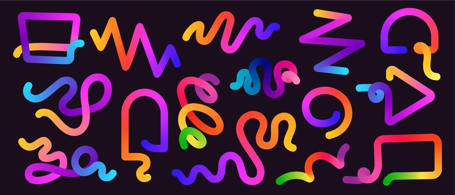 Gradient line shapes. Abstract wavy ribbon curves with fluid color, playful dynamic squiggle swirl and spiral waving elements with gradient. collection