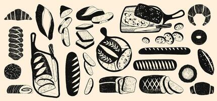 Bread silhouette. Black bakery bread icons, baked loaf baguette roll pretzel croissant bun, pastry sketch elements for bakery menu design. bread isolated set vector