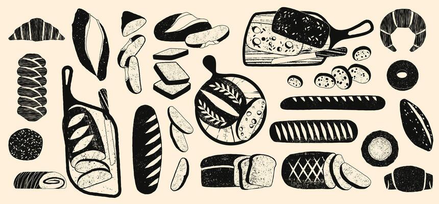Bread silhouette. Black bakery bread icons, baked loaf baguette roll pretzel croissant bun, pastry sketch elements for bakery menu design. bread isolated set