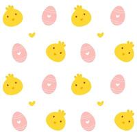 Cute Easter seamless pattern with cartoon chicken faces and eggs. Childish seamless pattern perfect for kids apparel, fabric, wrapping paper and so on vector