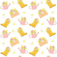 Cute spring seamless pattern with beautiful flowers in watering can and rubber boots. Childish seamless pattern perfect for clothes, nursery, textile, wrapping paper and so on vector