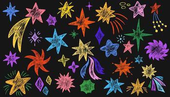 Crayon drawn stars, meteorite and comets. Doodle color magic blinking stars, charcoal cosmic. Set of doodle sparks and sparkles. Pencil or charcoal drawing. Crayon drawings of night sky symbols vector