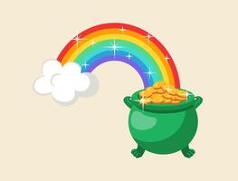 A whimsical illustration featuring a vibrant rainbow with an adorable leprechaun pot filled with shiny gold coins placed at the end, reminiscent of the magic of Irish folklore. st patricks day vector