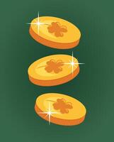 A whimsical illustration featuring flying leprechaun coins intertwined with a four leaf clover. The coins shimmer with gold, symbolizing luck and prosperity. st patricks day vector