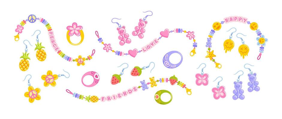 multi-colored DIY jewelry set, including friendship bracelets, playful plastic earrings, and whimsical rings. Designs showcase hippie vibes, emoji motifs, gummy bears, and Y2K aesthetics.