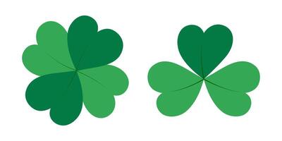 Quatrefoil and Shamrock Clover leaves in trendy green. St Patrick Day Decorative design element idea. Isolated illustration St Patrick greeting cards, price, label or web promo banner, leaflets vector