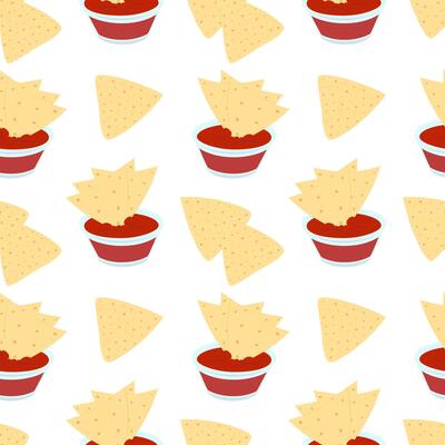 Nacho Mexican chips and glass saucer with salsa sauce Seamless Pattern. Mexican food background idea. Isolated illustration Wallpaper, wrapping, packing or web promo banner, leaflet, menu cards
