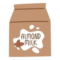almond milk in paper package with liquid splash and nuts vector