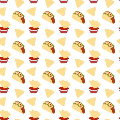 Mexican Taco meat filling and Nachos chips with salsa sauce in saucer Seamless Pattern. Mexican food. Isolated illustration Wallpaper, wrapping, packing or web promo banner, leaflet, menu card
