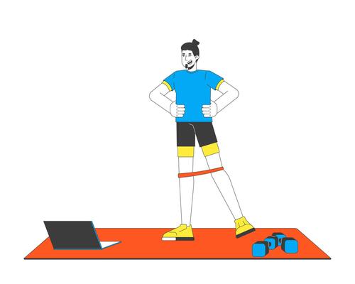 Man doing resistance band exercise on yoga mat with dumbbells and laptop 2D cartoon character. Online fitness workout guy isolated person flat on white background. Spot illustration colorful