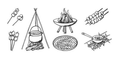 Bbq grill hand drawn set. Different barbecue tools and food elements in sketch style vector