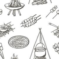 Bbq grill hand drawn seamless pattern. Different barbecue tools and food elements design for fabric, textile, wrapping paper vector