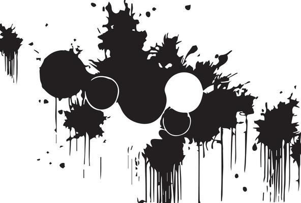 Round black ink spots on a white background with paint dripping texture.