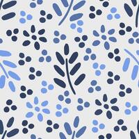 Simple abstract floral seamless pattern in blue gray colors. Twigs, dots, flowers in doodle style. For prints of fabric, textile products, packaging. vector