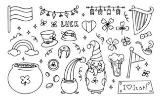 Saint Patrick's Day doodles with holiday symbols and objects, clovers, Irish flags, leprechaun. Group of line art stickers, decorative set. illustration. vector