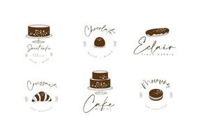 Confectionery sweet labels cake, candy, eclair, croissant, macarons with text drawing on white background vector