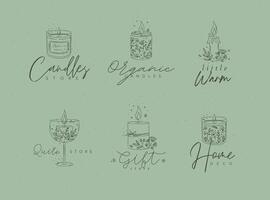 Candles with branches and leaves label collection drawing on green background vector