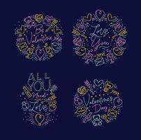 Set of valentines day flat monogram with greeting lettering drawing with color on blue background. vector