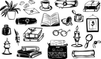 Etched supplies like book, cup, and scroll in black outline style on white background. Collection of supplies including typewriter and candle in simple black line art style. vector