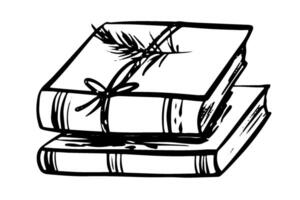 Books and Library Illustration. Drawing of a textbook and stacked novels on an isolated background. Linear drawing painted in black inks. Engraving of education storytelling knowledge tools. vector
