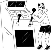 A glyph illustration of a character operating slot machine vector