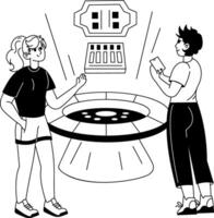 A glyph illustration of two characters playing digital casino vector