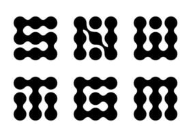 Metaball letter set. S, N, T, G, M, W typography as chained dots or liquid blobs. Dots connect organically to show molecule structure or geometric cell grid vector