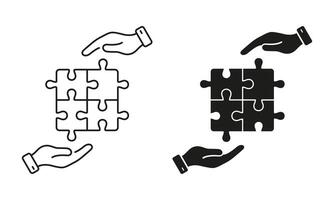 Puzzle and Human Hands Icon. Problem Solving, Strategy, Solution Concept. Jigsaw Pieces Match Together Line and Silhouette Icon Set. Editable Stroke. Isolated Illustration vector